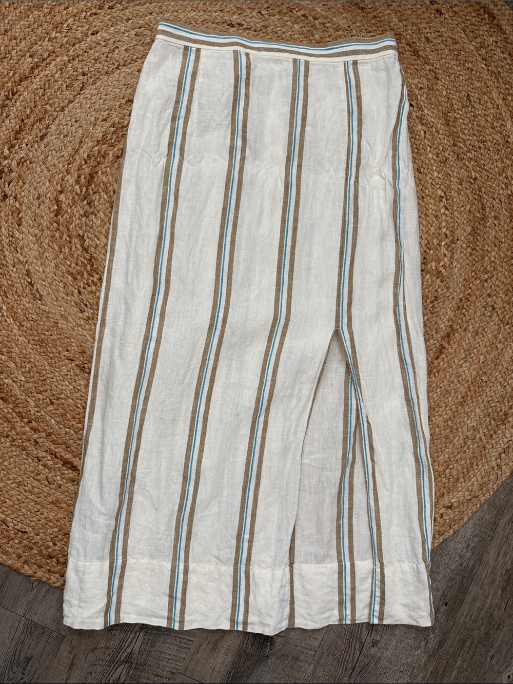 Madewell Linen White Top with Brown and Teal Stripes Skirt